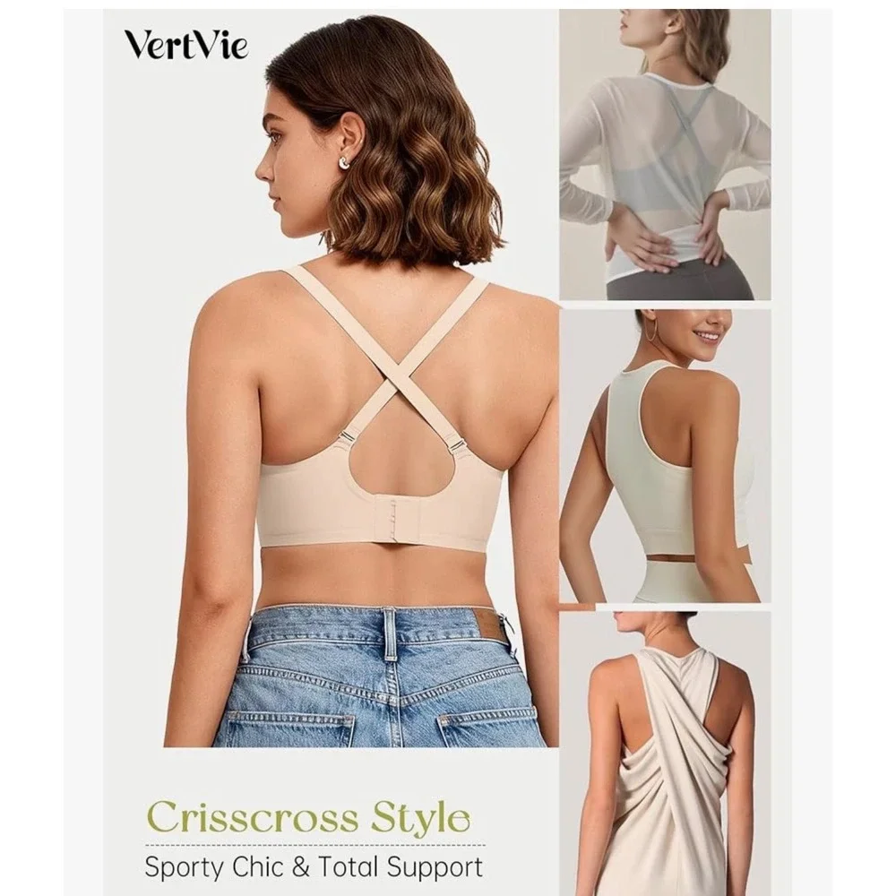 VertVie Wireless‎ Support Bra Beige Convertible Straps Seamless Scalloped Large